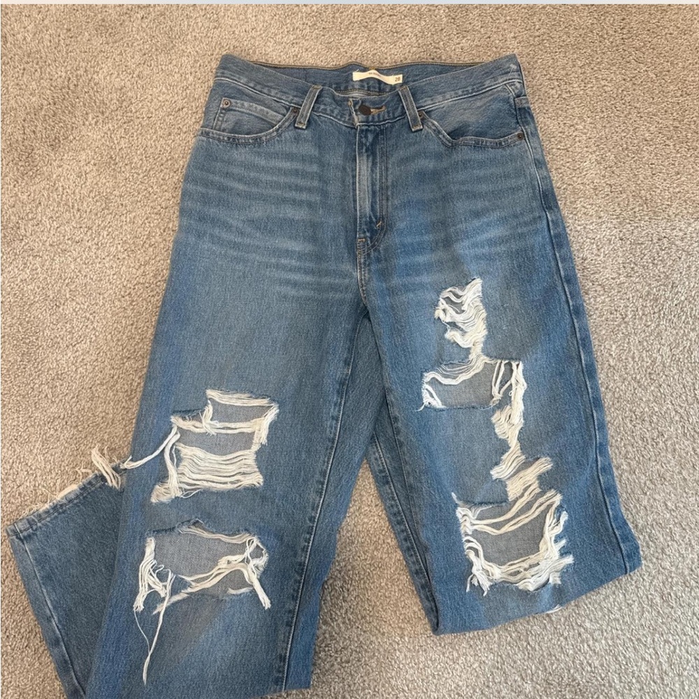 Levi's Ripped Boyfriend Jeans in Classic Blue